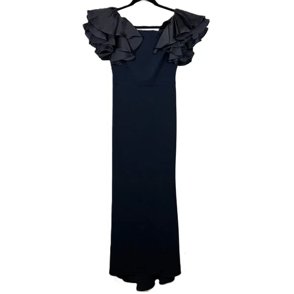 badgley mischka navy blue dress Badgley Mischka Off Shoulder Brooch Neck Gown- Navy  By Request